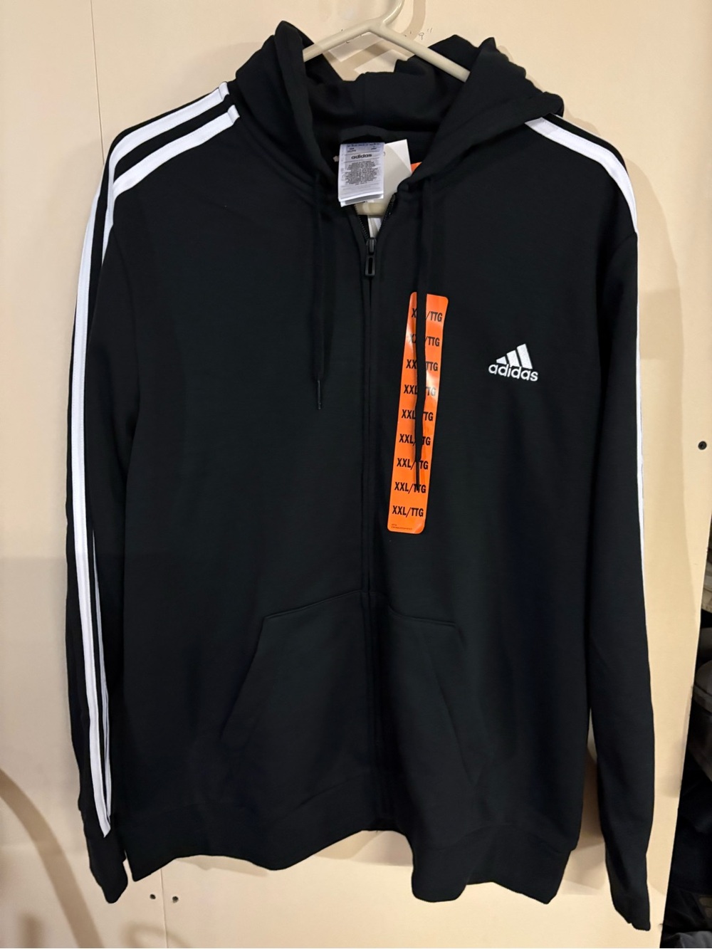 adidas Black Hoodie Jacket with White Stripes and Orange Tag